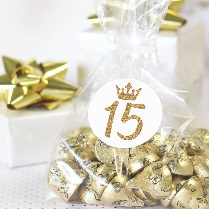 Quinceañera: White & Gold - Sparkling Mis Quince 15th Birthday - Party Favor Stickers - 40 Stickers - Distinctivs Party