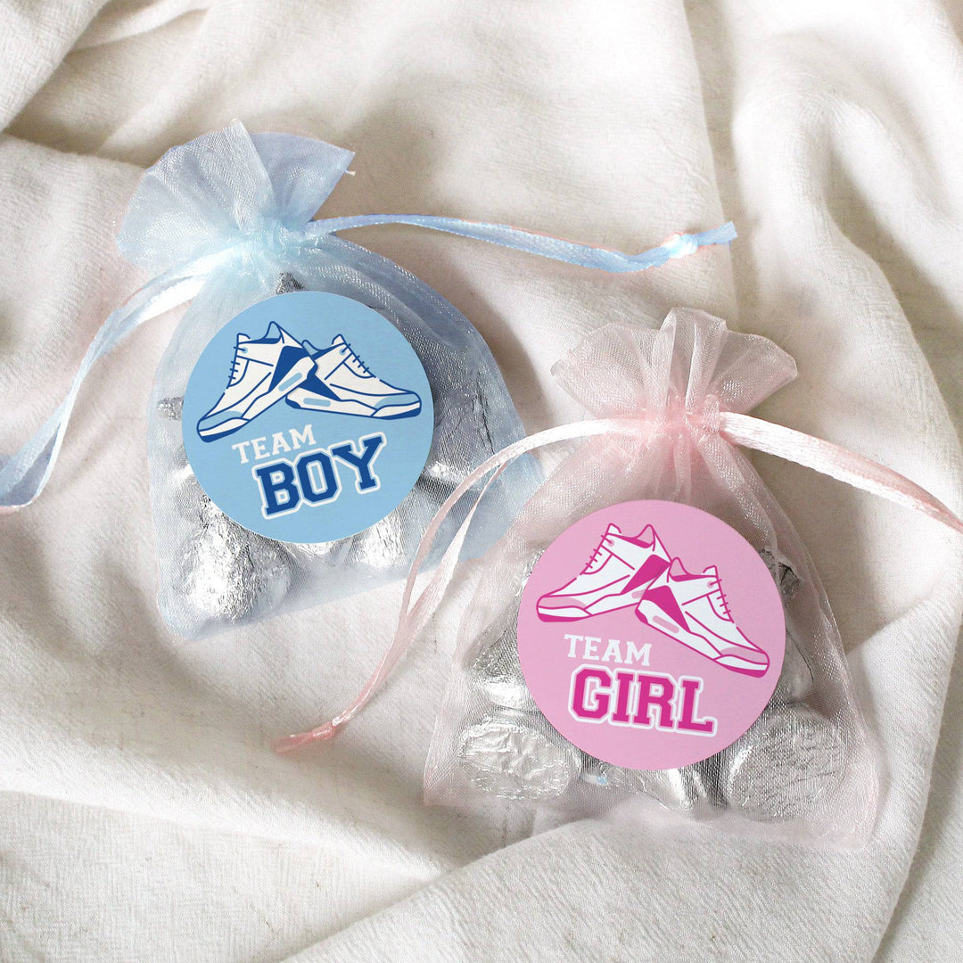 Sneakers: Gender Reveal Party - Team Boy or Team Girl - 40 Stickers - Distinctivs Party
