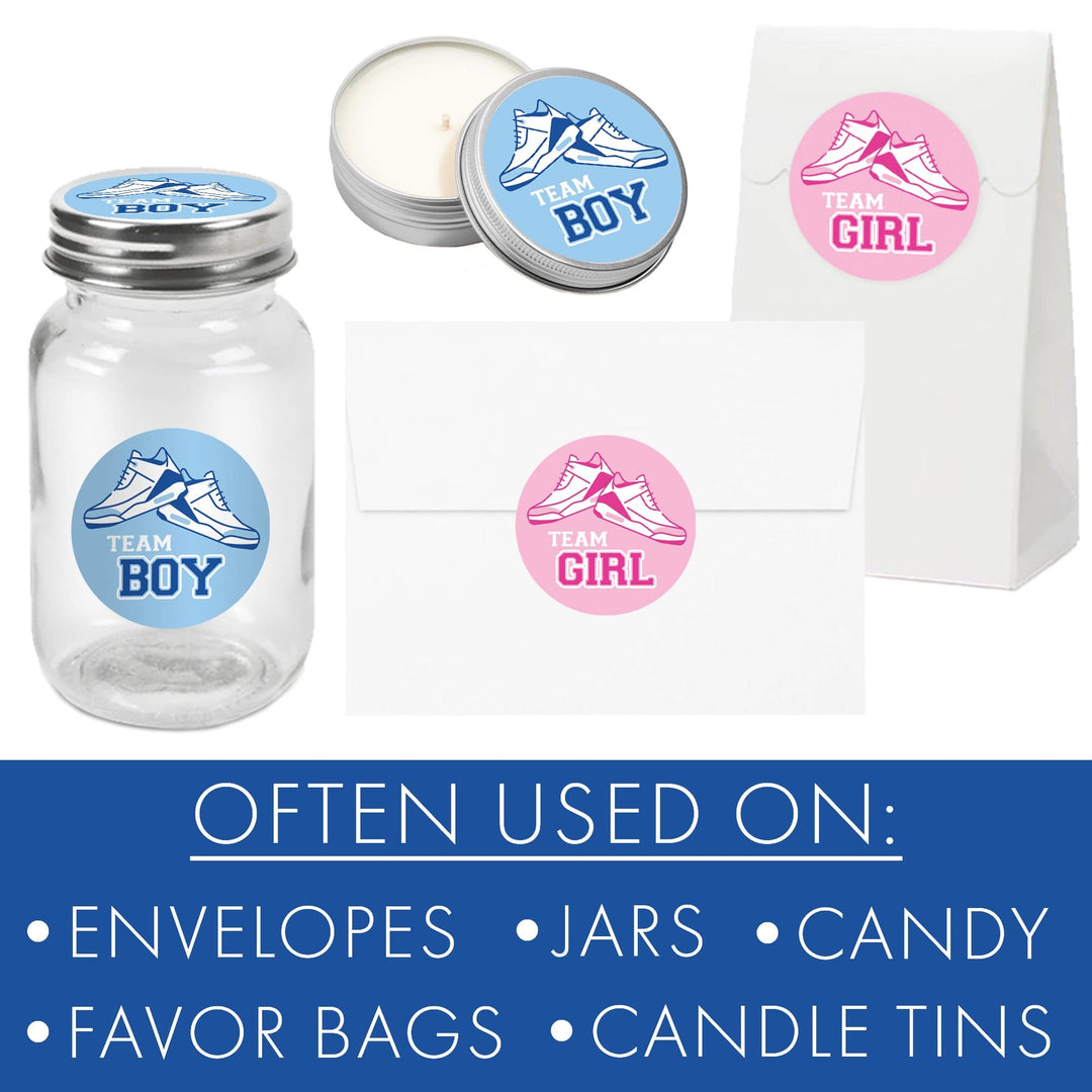 Sneakers: Gender Reveal Party - Team Boy or Team Girl - 40 Stickers - Distinctivs Party
