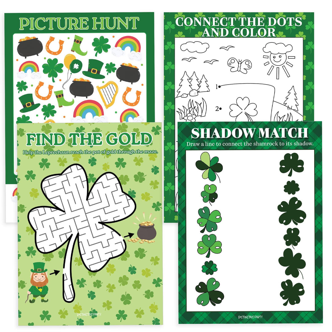 St. Patrick's Day Games: Picture Hunt, Matching, Maze, Connect the Dots - Preschool - 4 Game Bundle for 25 Kids - Distinctivs Party