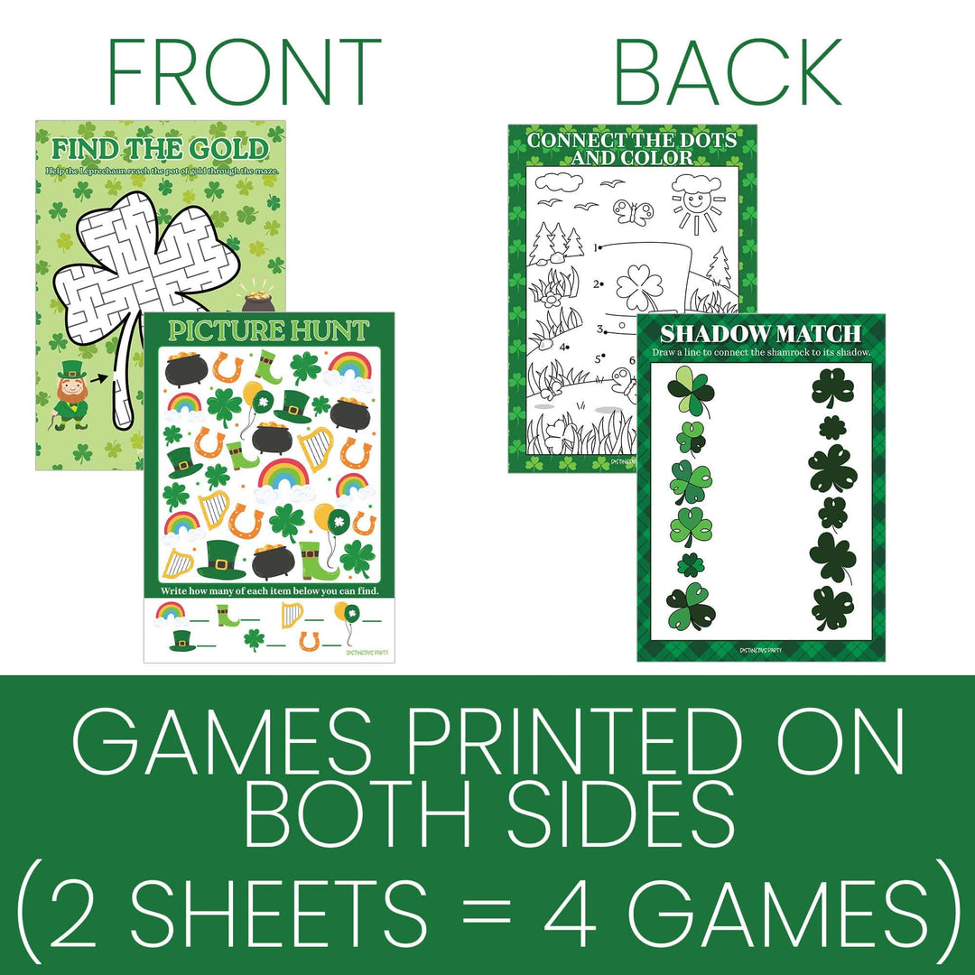 St. Patrick's Day Games: Picture Hunt, Matching, Maze, Connect the Dots - Preschool - 4 Game Bundle for 25 Kids - Distinctivs Party