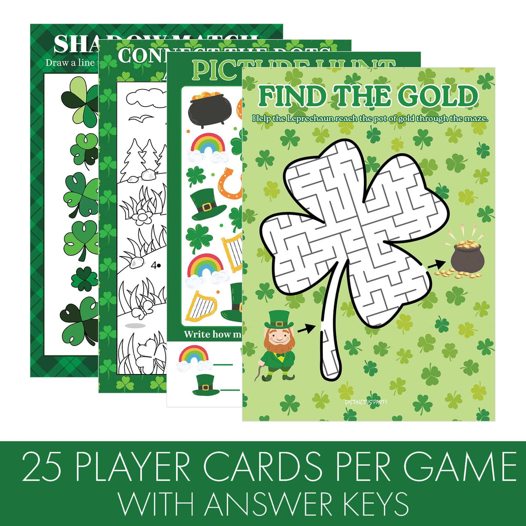 St. Patrick's Day Games: Picture Hunt, Matching, Maze, Connect the Dots - Preschool - 4 Game Bundle for 25 Kids - Distinctivs Party
