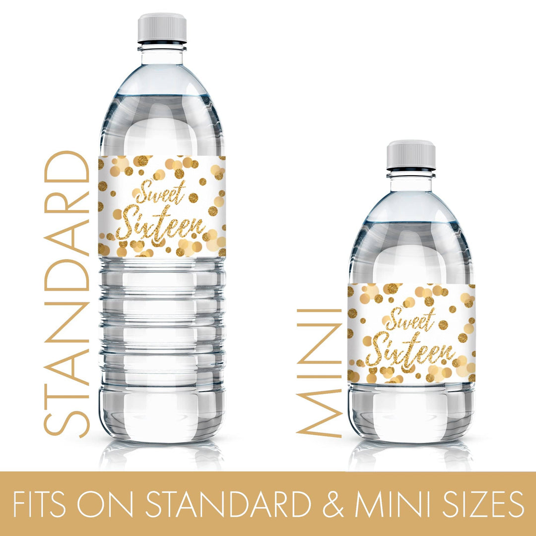 Sweet 16: White & Gold - Birthday Party  Water Bottle Labels - 24 Stickers - Distinctivs Party