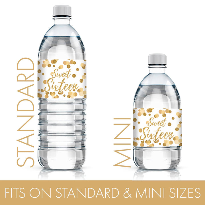 Sweet 16: White & Gold - Birthday Party  Water Bottle Labels - 24 Stickers - Distinctivs Party
