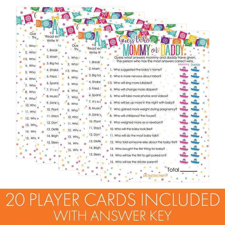 Taco 'Bout a Baby: Baby Shower Game - "Guess Who" Mommy or Daddy and All Things Fiesta Games - 20 Dual Sided Cards - Distinctivs Party