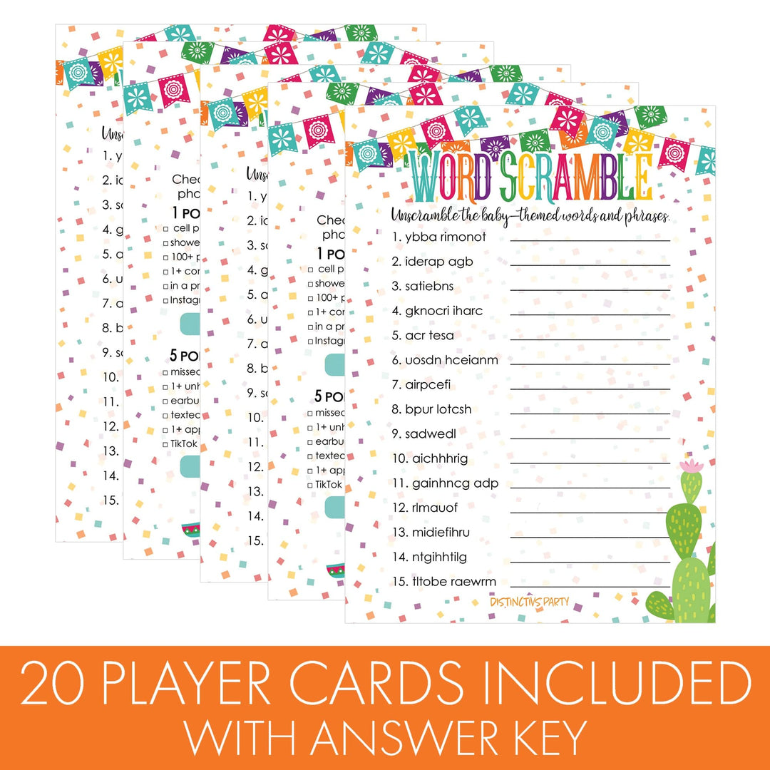 Taco 'Bout a Baby:  Baby Shower Game - What's On Your Phone and Word Scramble Game Bundle - 20 Dual Sided Cards - Distinctivs Party