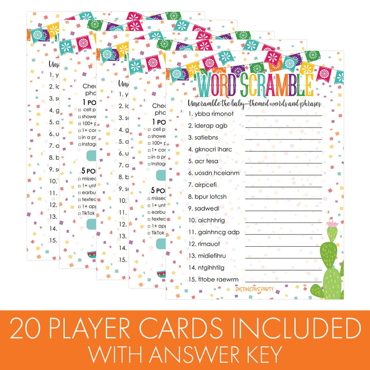 Taco 'Bout a Baby:  Baby Shower Game - What's On Your Phone and Word Scramble Game Bundle - 20 Dual Sided Cards - Distinctivs Party