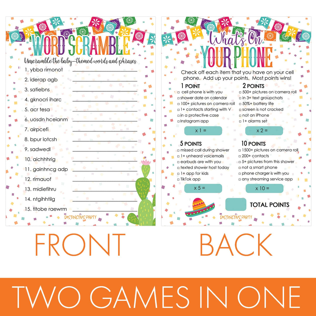 Taco 'Bout a Baby:  Baby Shower Game - What's On Your Phone and Word Scramble Game Bundle - 20 Dual Sided Cards - Distinctivs Party