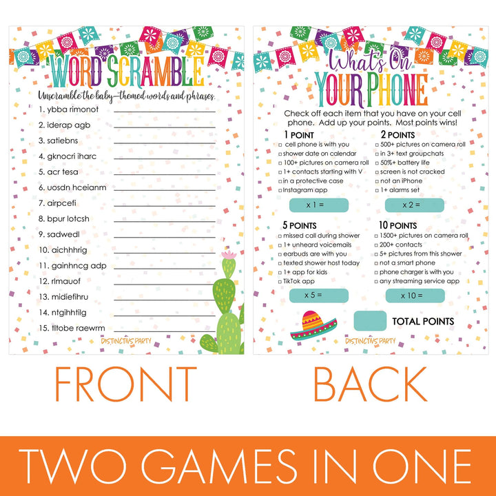 Taco 'Bout a Baby:  Baby Shower Game - What's On Your Phone and Word Scramble Game Bundle - 20 Dual Sided Cards - Distinctivs Party