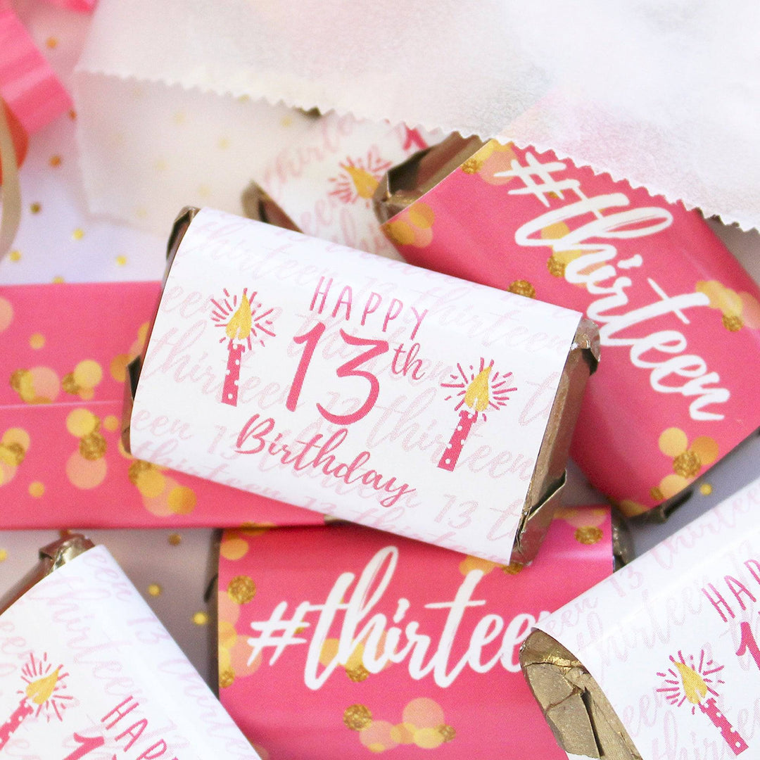 Thirteenth Birthday: Gold Confetti Pink & Gold - Mini Candy Bar Labels - Fits Hershey® Miniatures - 45 Stickers - Distinctivs Party
