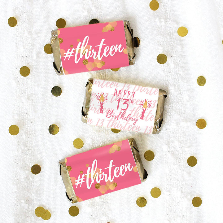 Thirteenth Birthday: Gold Confetti Pink & Gold - Mini Candy Bar Labels - Fits Hershey® Miniatures - 45 Stickers - Distinctivs Party