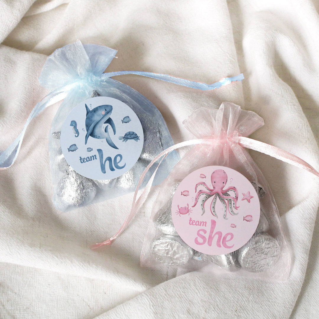 Under the Sea: Gender Reveal Party - Team He or Team She - 40 Stickers - Distinctivs Party