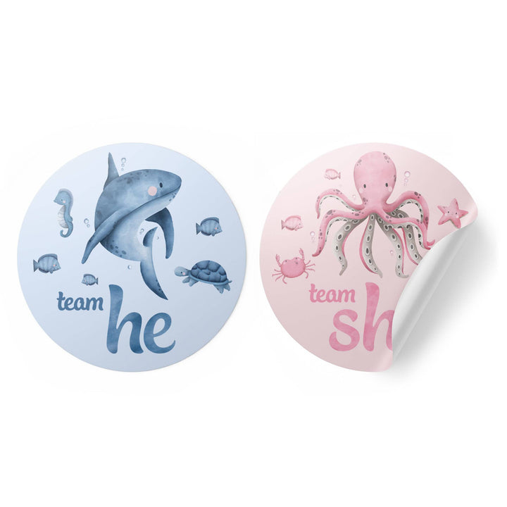Under the Sea: Gender Reveal Party - Team He or Team She - 40 Stickers - Distinctivs Party