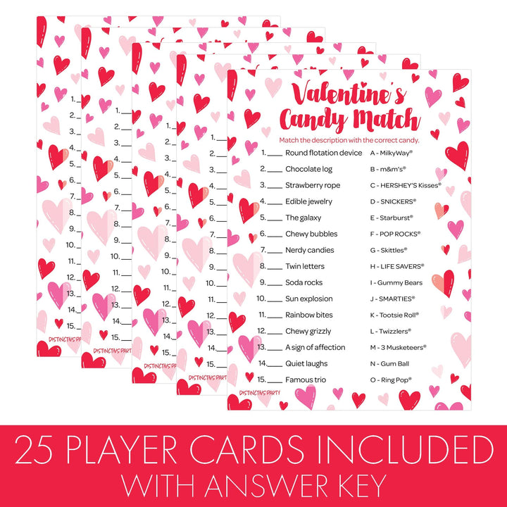 Valentine's Day Party Games: Candy Match - Classroom Party Game - 25 Player Cards - Distinctivs Party