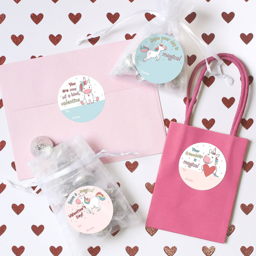 Valentine's Day Treat Stickers: Unicorn - 40 Circle Stickers - Distinctivs Party