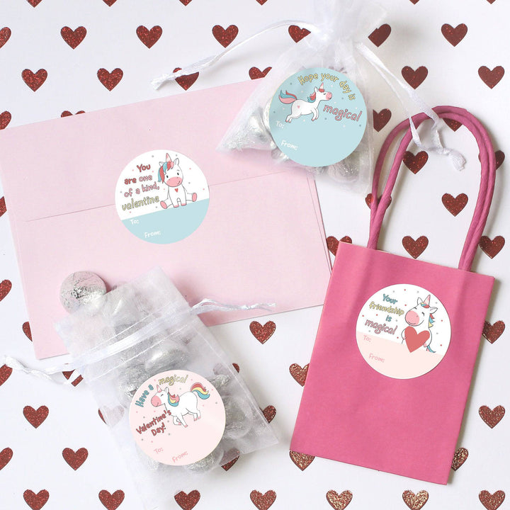 Valentine's Day Treat Stickers: Unicorn - 40 Circle Stickers - Distinctivs Party
