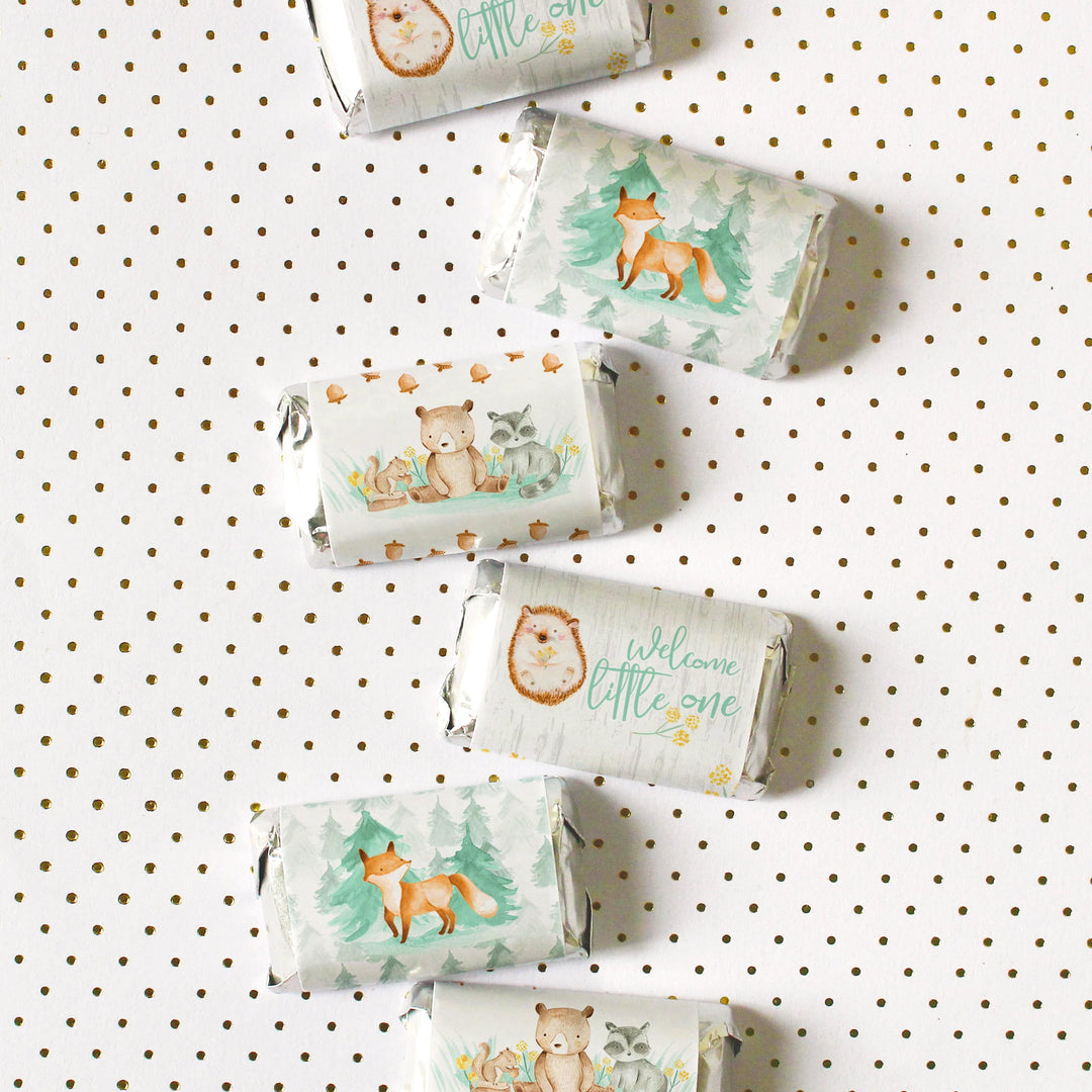 Watercolor Woodland Baby Shower Mini Candy Bar Wrappers - 45 Count - Distinctivs Party