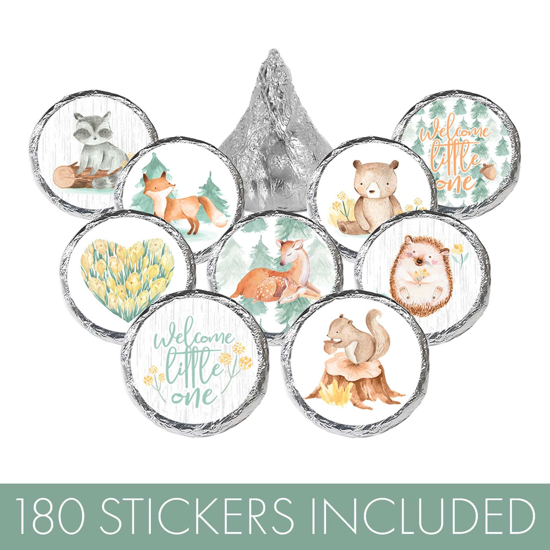 Watercolor Woodland Baby Shower Stickers - Fits on Hershey's Kisses - 180 Pack - Distinctivs Party