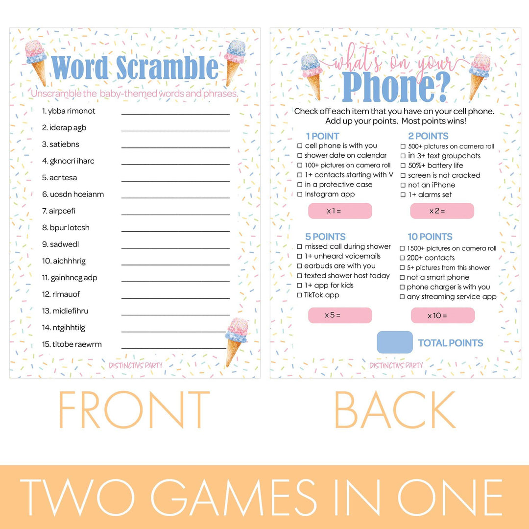 What's the Scoop:  Ice Cream - Gender Reveal Party Game - What's On Your Phone and Word Scramble - Two Game Bundle -  20 Dual Sided Cards - Distinctivs Party