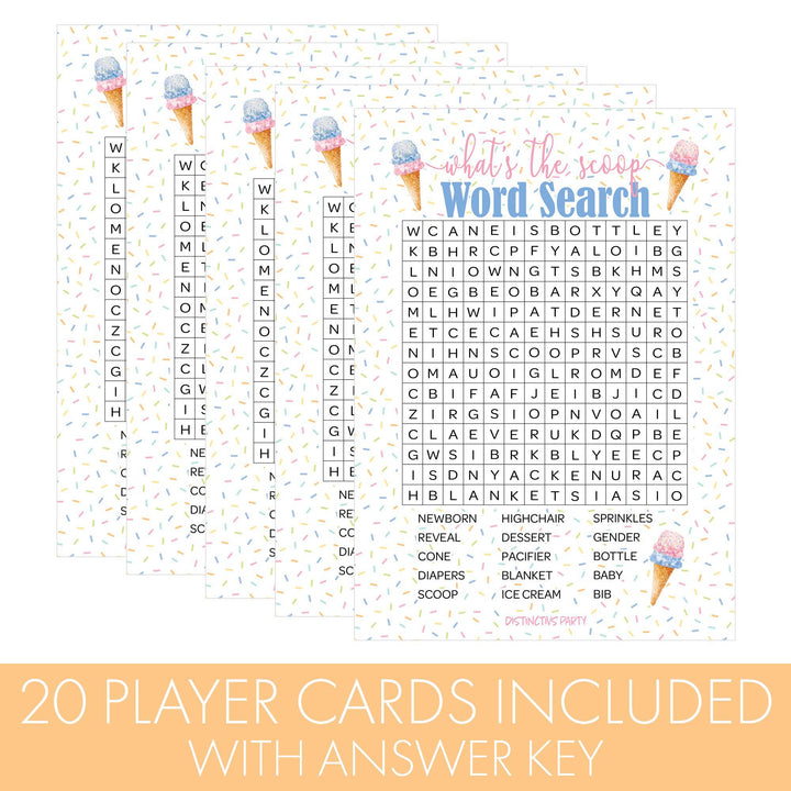 What’s the Scoop: Ice Cream - Gender Reveal Party Game - Word Search - 20 Cards - Distinctivs Party