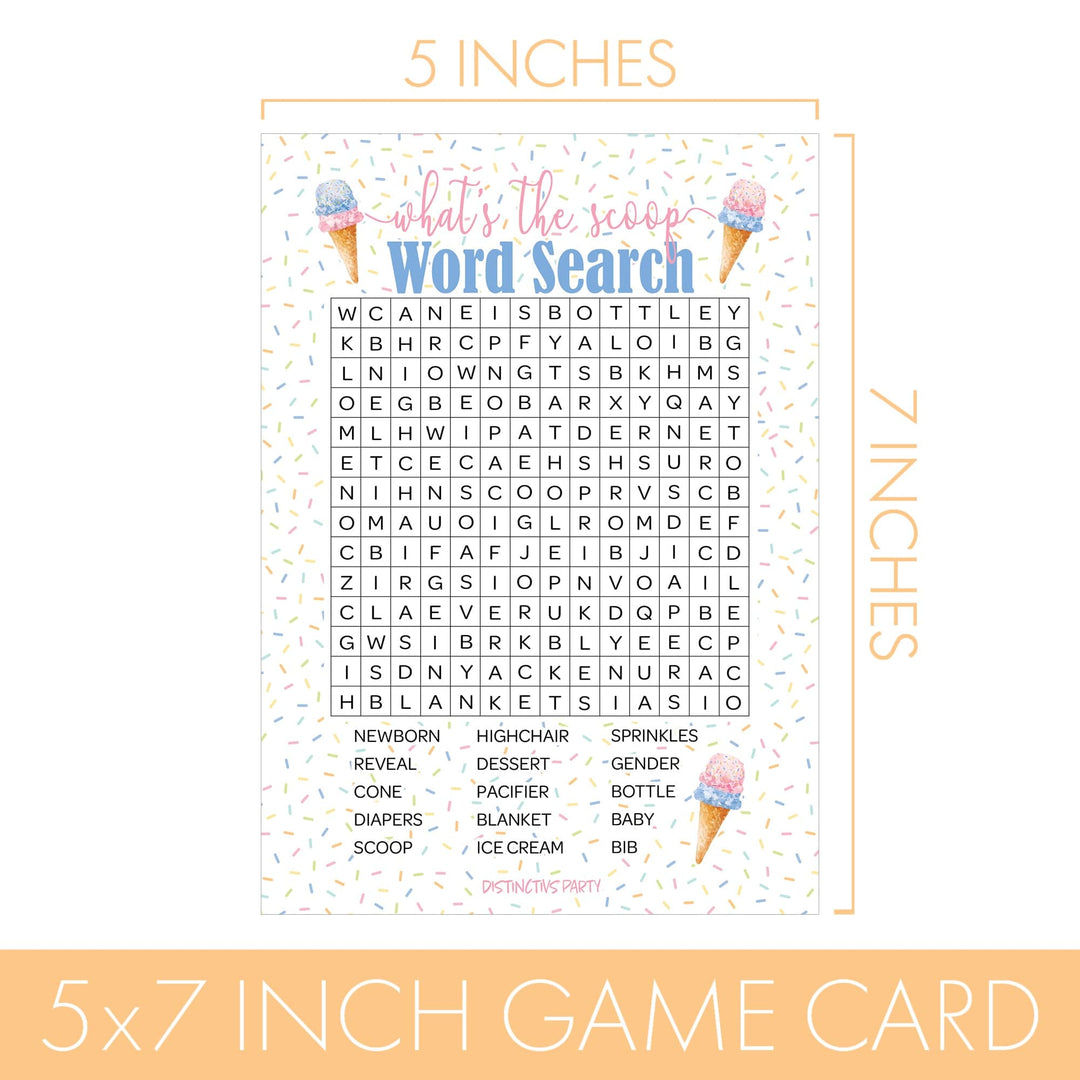 What’s the Scoop: Ice Cream - Gender Reveal Party Game - Word Search - 20 Cards - Distinctivs Party