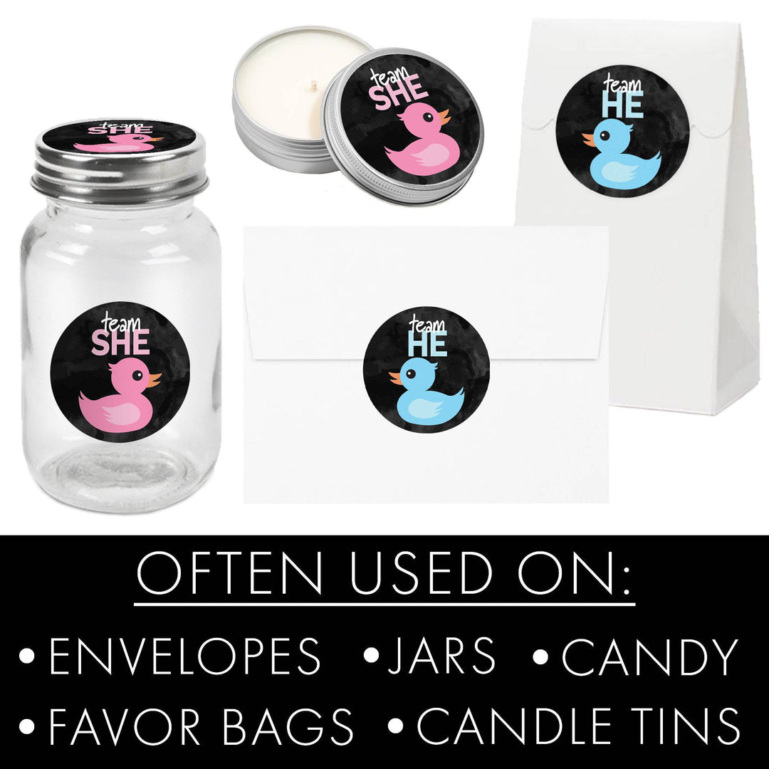 What the Duck Are They Having Gender Reveal Party - Team He or Team She - 40 Stickers - Distinctivs Party