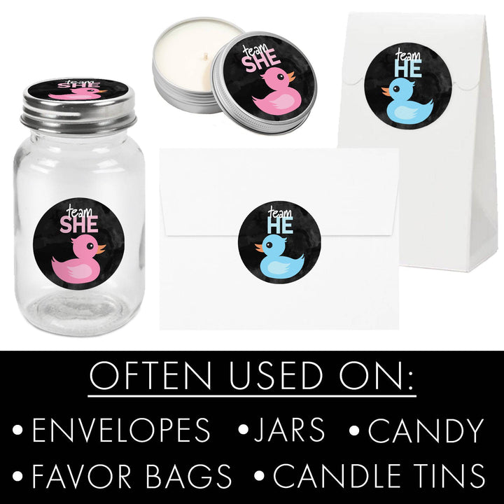 What the Duck Are They Having Gender Reveal Party - Team He or Team She - 40 Stickers - Distinctivs Party