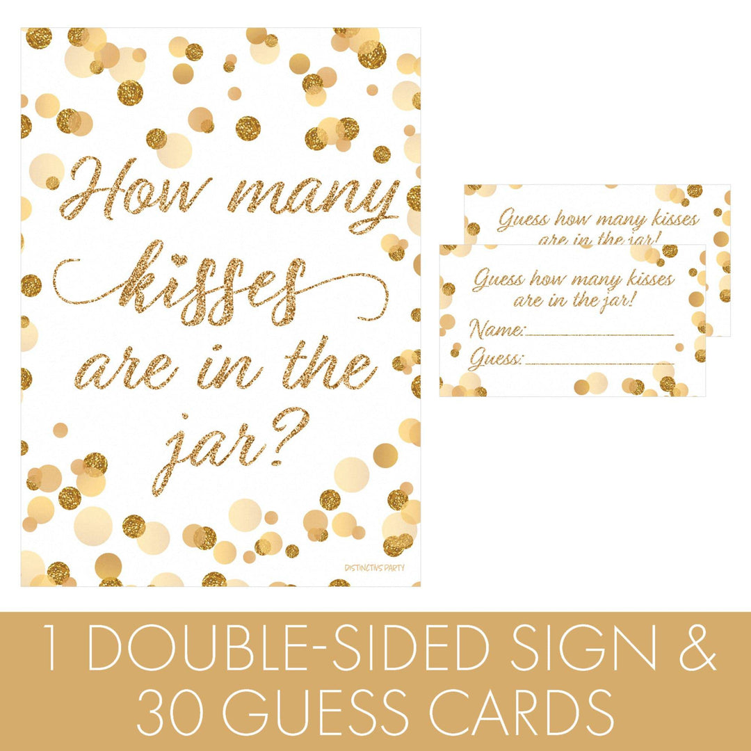 Gold Confetti: White - How Many Kisses in the Jar Party Game - Baby Shower, Kid's Birthday, Bridal, 1st Birthday - Distinctivs Party