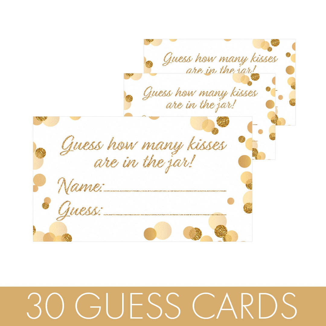 Gold Confetti: White - How Many Kisses in the Jar Party Game - Baby Shower, Kid's Birthday, Bridal, 1st Birthday - Distinctivs Party
