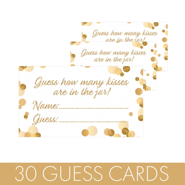 Gold Confetti: White - How Many Kisses in the Jar Party Game - Baby Shower, Kid's Birthday, Bridal, 1st Birthday - Distinctivs Party