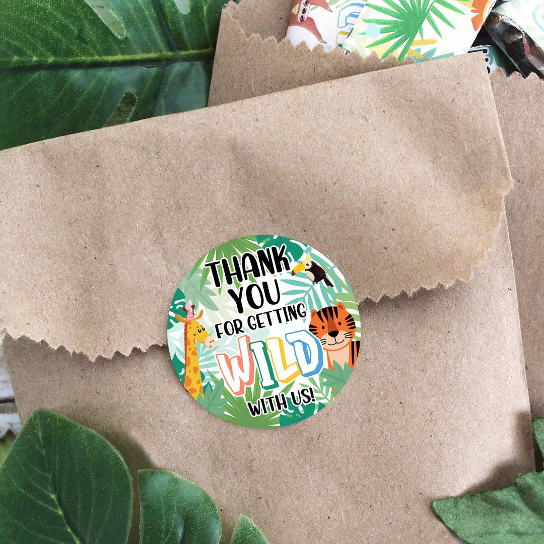 Wild Jungle: Kid's Birthday - Thank You Round Stickers - Thank You For Getting Wild With Us - 40 Stickers - Distinctivs Party