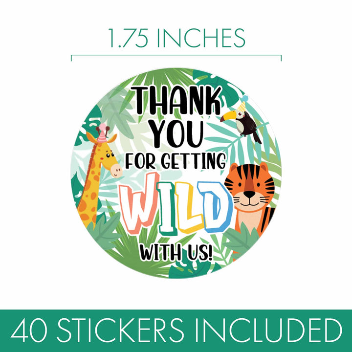 Wild Jungle: Kid's Birthday - Thank You Round Stickers - Thank You For Getting Wild With Us - 40 Stickers - Distinctivs Party