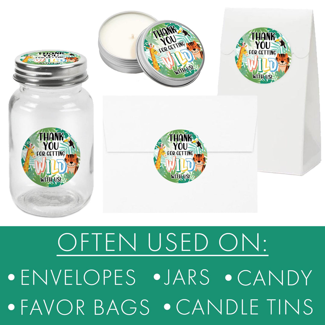 Wild Jungle: Kid's Birthday - Thank You Round Stickers - Thank You For Getting Wild With Us - 40 Stickers - Distinctivs Party