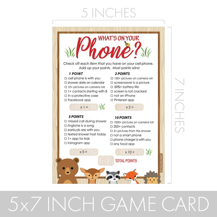 Woodland Baby Shower Game What's On Your Phone - 20 Cards - Distinctivs Party