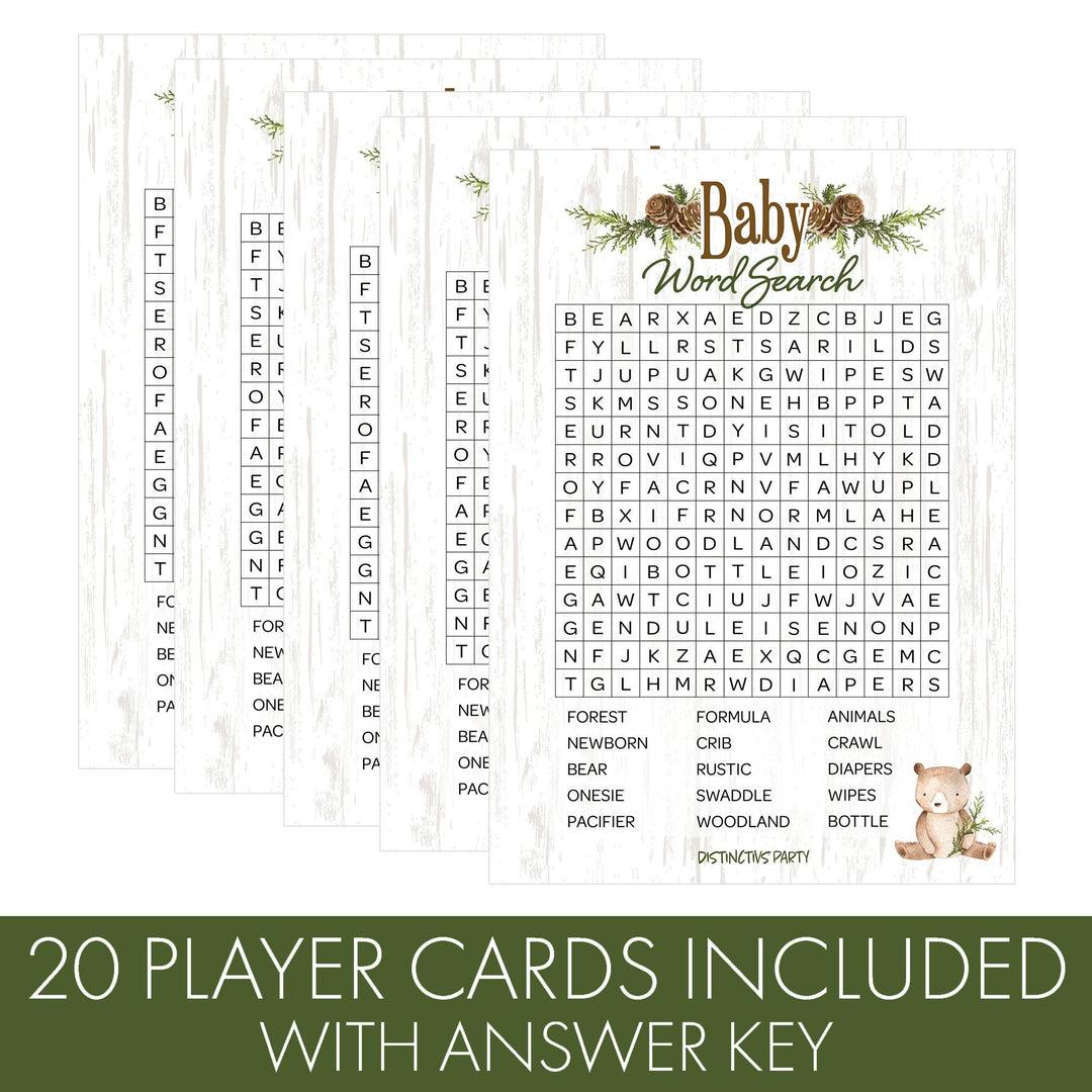 Woodland Bear: Baby Shower Party Game - Word Search - 20 Cards - Distinctivs Party