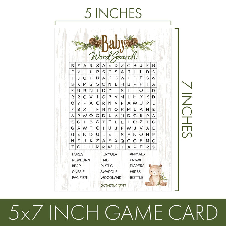 Woodland Bear: Baby Shower Party Game - Word Search - 20 Cards - Distinctivs Party