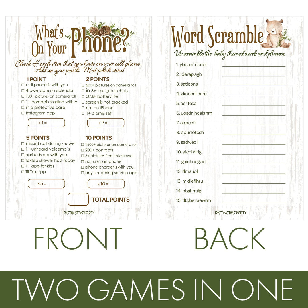 Woodland Bear: Baby Shower Two Game Bundle - What's On Your Phone and Word Scramble - 20 Dual Sided Cards - Distinctivs Party