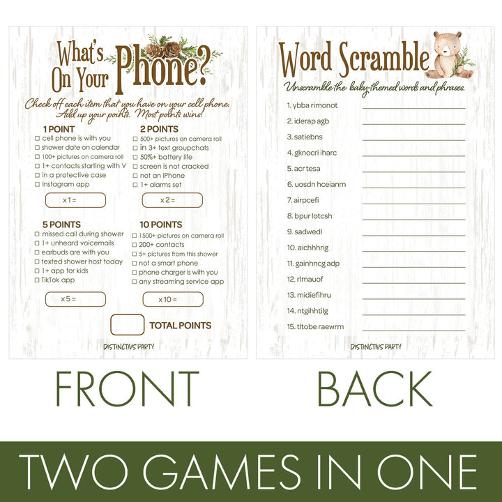Woodland Bear: Baby Shower Two Game Bundle - What's On Your Phone and Word Scramble - 20 Dual Sided Cards - Distinctivs Party