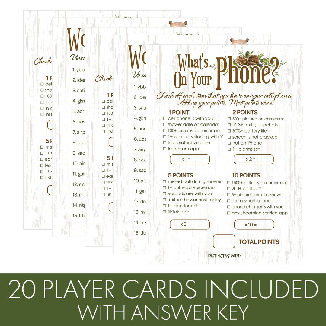 Woodland Bear: Baby Shower Two Game Bundle - What's On Your Phone and Word Scramble - 20 Dual Sided Cards - Distinctivs Party