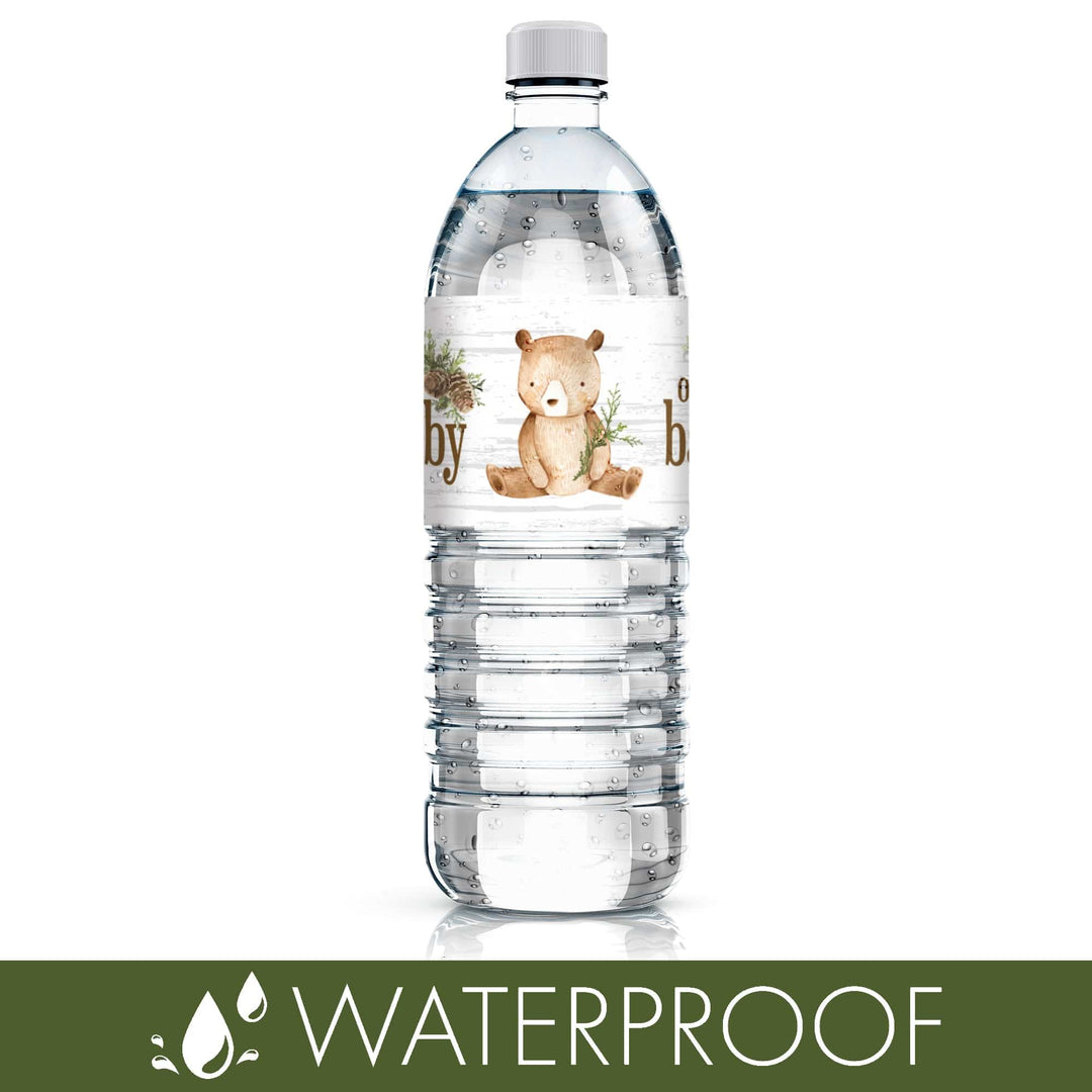 Woodland Bear: Baby Shower Water Bottle Labels - 24 Stickers - Distinctivs Party