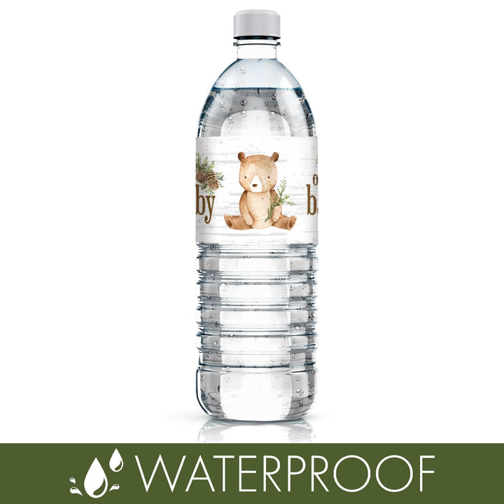 Woodland Bear: Baby Shower Water Bottle Labels - 24 Stickers - Distinctivs Party