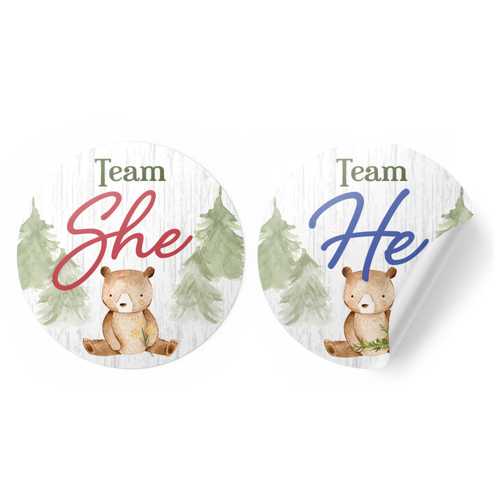 Woodland Bear: Gender Reveal Party - We Can Bearly Wait, Team He or She - 40 Stickers - Distinctivs Party