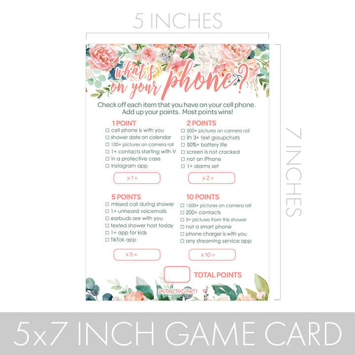 Pink Floral: Baby Shower Game -  What's On Your Phone and Word Scramble - Two Game Bundle - Spring, Girl - 20 Dual Sided Cards