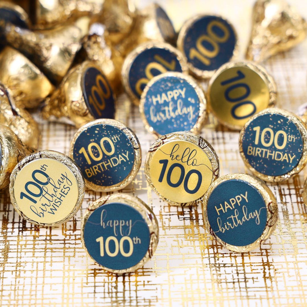 100th Birthday: Navy Blue & Gold - Adult Birthday - Hershey's® Kisses Candy Stickers - 180 Stickers - Distinctivs Party