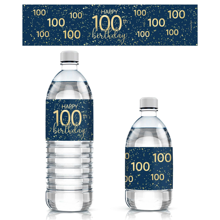 100th Birthday: Navy Blue & Gold - Adult Birthday - Water Bottle Labels - 24 Waterproof Stickers - Distinctivs Party