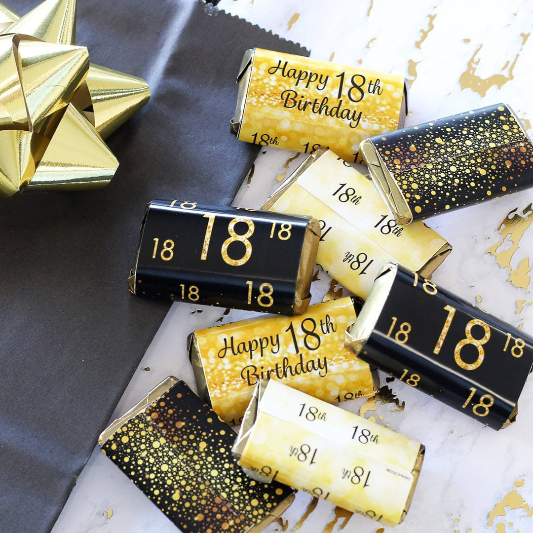 18th Birthday: Black and Gold - Hershey's Miniatures Candy Bar Wrappers Stickers - 45 Stickers - Distinctivs Party