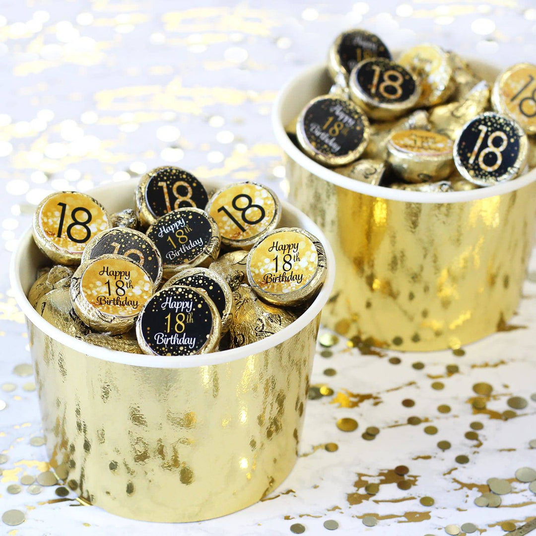 18th Birthday: Black and Gold - Party Favor Stickers - Fits on Hershey's Kisses - 180 Stickers - Distinctivs Party