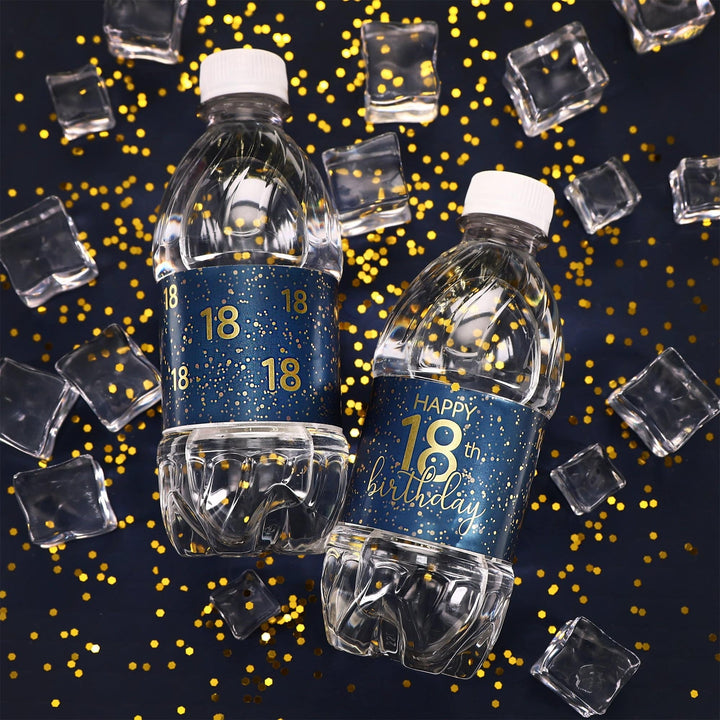 18th Birthday: Navy Blue & Gold - Adult Birthday -  Water Bottle Labels - 24 Waterproof Stickers - Distinctivs Party