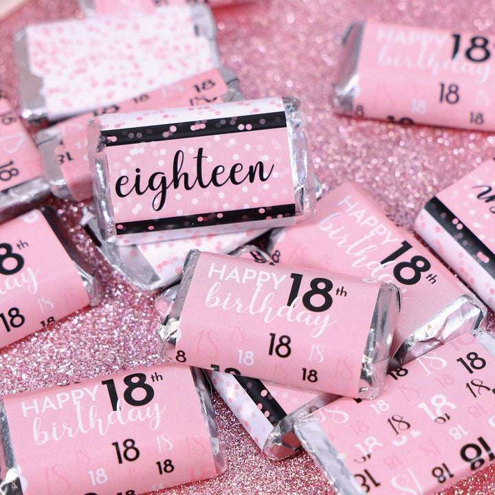 18th Birthday: Pink and Black - Adult Birthday - Hershey's Miniatures Candy Bar Wrappers Stickers - 45 Stickers - Distinctivs Party