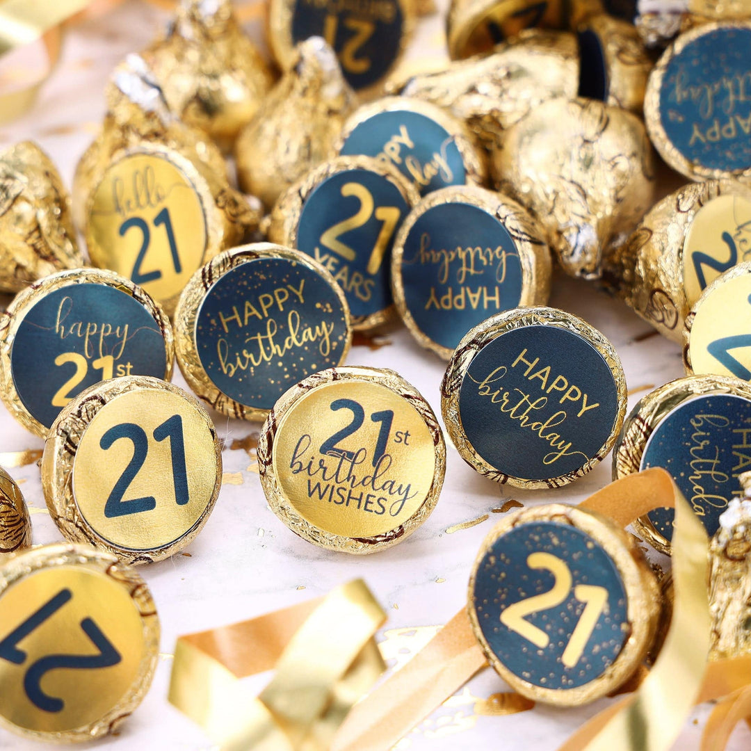 21st Birthday: Navy Blue & Gold - Adult Birthday - Stickers - Fits Hershey's Kisses Candy - 180 Stickers - Distinctivs Party
